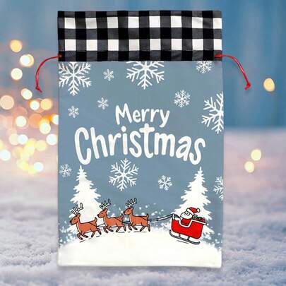 Christmas Treat Bags Cute Decorative Reindeer Sleigh/Gnome Print Drawstring Candy Bags For Present Holiday Festival Supplies