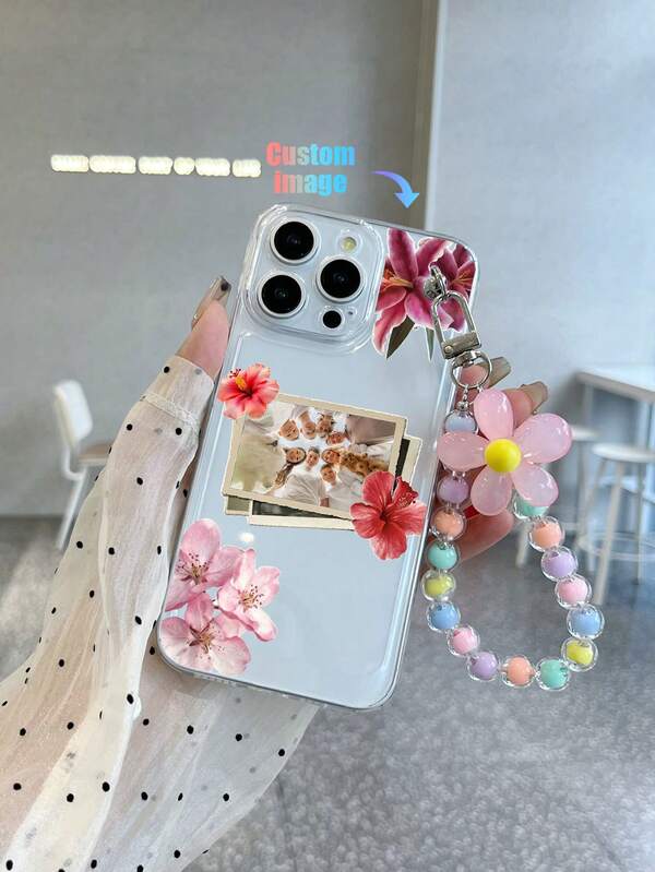 1pc Customizable Transparent TPU Phone Case, Any Style Pattern Shockproof Phone Case & 1pc Pink Flower Beaded Bracelet Compatible With Apple/Matching Phone Cases/Phone Cases With Lanyard/Wristband Phone Cases/Fun Phone Cases/Android Phones//OPPO/Galaxy A51 4G/Galaxy A52/A52s 5G/Galaxy S23 Ultra/Galaxy A13 4G/Galaxy A12/Galaxy S22 Ultra