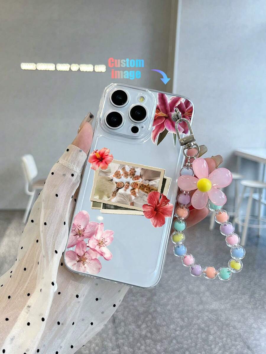 1pc Customizable Transparent TPU Phone Case, Any Style Pattern Shockproof Phone Case & 1pc Pink Flower Beaded Bracelet Compatible With Apple/Matching Phone Cases/Phone Cases With Lanyard/Wristband Phone Cases/Fun Phone Cases/Android Phones//OPPO/Galaxy A51 4G/Galaxy A52/A52s 5G/Galaxy S23 Ultra/Galaxy A13 4G/Galaxy A12/Galaxy S22 Ultra
