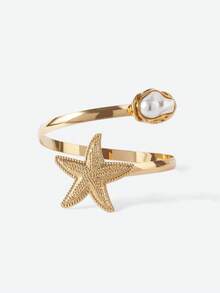 Opalesca 1pc Fashionable Asymmetric Pearl & Starfish Openwork Bracelet, Beach & Resort Style - Yellow Gold - View 2