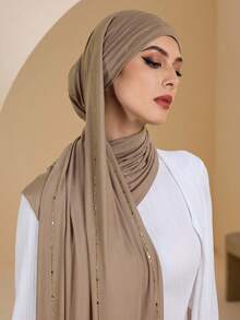 1pc Women's Plain Jersey Soft Headscarf, Rhinestone Decor, Casual Arabic Style Long Scarf, Conservative Solid Color, Suitable For Daily Use - Khaki - View 3
