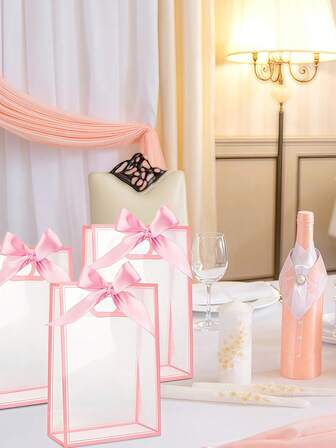 8 piezas - Bolsas de regalo de plástico transparente con asas troqueladas, bolsas de favor reutilizables de PP con cinta para otoño, Halloween, boda, novia, cumpleaños, baby shower, fiesta, pequeños negocios (rosa)