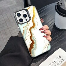 Colorful Silver Apple Phone CaseAbstract Marble With Gold Veins And Light Blue StreaksCompatible With  11 To  17 Models The Cases Lens Protection Function Ensures The Camera Remains Undamaged During Shooting  Guaranteeing Image Quality - 黑色 - 查看 2