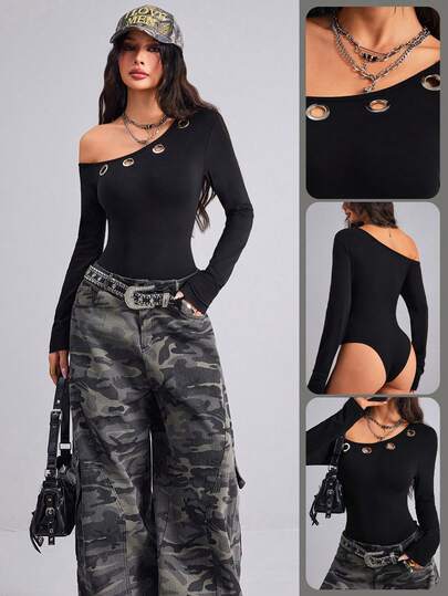 Women's Spring / Summer Bodysuit - Punk Y2K Asymmetric One-Shoulder Top With Metal Grommet Details, Black Slim-Fit Body-Hugging Style, Hot Girl Aesthetic For Daily Layering, Beach, Vacation, Music Festival, Concert, New Year Party,Black Body Suits For Women
