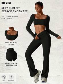 MFVIM Women's Black Long Sleeve Cropped Top And Flare Pants Set, Square Neck Fitted Style And High Waist Elastic Tummy Control Flare Yoga Pants. Suitable For Outdoor Running, Cycling, Yoga, Pilates, Gym Workout, 2-Piece Fitness Outfit For Women - Black - View 2