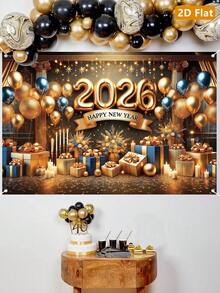 1件2026新年快乐金色背景横幅，新年气球形状涤纶悬挂旗帜背景布，庆祝派对家居房间家庭活动拍照背景墙装饰，新年礼物，花园庭院装饰花园旗帜，悬挂装饰，派对拍照道具，2026新年装饰，派对礼品 - AI新年風格A款 - 查看 10