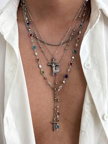 3/4pcs Vintage Luxury Colorful Crystal Y-Shaped Necklace, Men's Punk Metal Jesus Cross Pendant Long Necklace Set - Style 1 - View 11