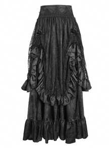 Devil fashion 1pc Gothic Style Ruffled Maxi Skirt, Ceremonial Dark Aesthetic Outfit, Autumn/Winter - Black - View 11