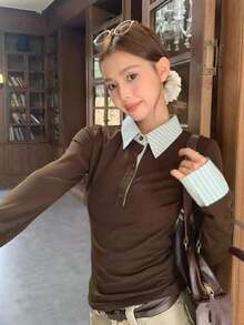 女士修身长袖 Polo 领 T 恤，独特时尚，可叠穿。 - 咖啡棕 - 查看 6