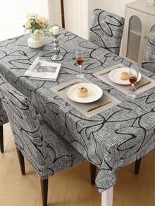 1 Set High Elastic Dining Chair Cover & Waterproof Tablecloth, Abstract Floral Pattern In Dark Grey - Multicolor - View 6