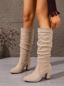 秋冬女式时尚尖头褶皱仿麂皮过膝长靴，米色时尚过膝长靴，百搭褶皱套穿设计，舒适 - 米色 - 查看 6