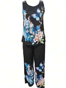 Conjunto de camiseta de tirantes y pantalones de pierna ancha con estampado de mariposa, camiseta de tejido sin mangas de cuello redondo con pantalones palazzo, conjunto de 2 piezas para vacaciones, estilo bohemio, apto para uso diario - Negro - Ver 2