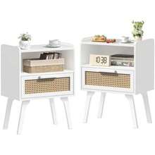 Lerliuo Rattan Nightstand, Boho Side Table With Drawer Open Shelf, Cane Accent Bedside End Table With Solid Wood Legs For Bedroom, Dorm And Small Spaces ()(White With Natural 2 Pack) - Type4 - 查看 2