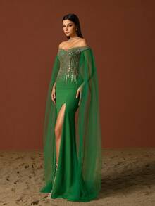 VIPGIRL 优雅黑色网纱亮片女士晚礼服 - 綠色 - 查看 4