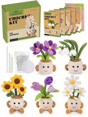 Crochet Kit For Beginners, Sunflowers, Tulips, Daisies, Saffron, Snowdrops Flower Potted Plant Crochet Kit,Complete Crochet Starter Kit With Step-By-Step Video Tutorials, Easy To Learn Crocheting Plant Kit Crochet Knitting Supplies For DIY Craft(Accessories In Random Color)