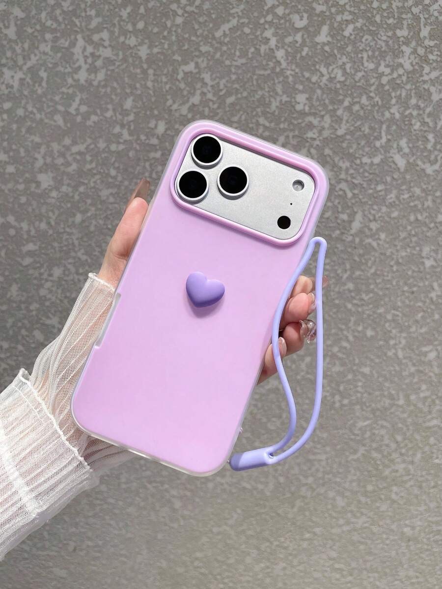 Funda de teléfono de 2 en 1 con color de macarrón, minimalista y linda con decoración de corazón pequeño, correa de silicona a juego desmontable, accesorio de fotografía, a prueba de golpes, antideslizante, resistente a los arañazos, compatible con Apple/ - Morado - Ver 1