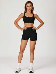 MASKERT 舒适亲肤紧身高弹女式运动短裤跑步健身瑜伽裤居家休闲运动短裤 - 黑色 - 查看 3