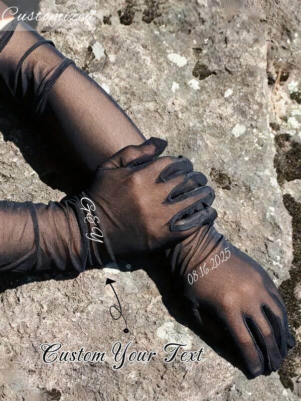 1 Pair Custom Wedding Bride Pearl Gloves, Personalized Bridal Gloves With Name And Date,Women's Long Mesh Tulle Gloves,Elegant Handmade Bride Accessory Can Be Applied To Different Occasions,Such As Engagement,Anniversary,Evening Party,Dance Party,Bridal Ceremony,Opera Performance,Dress-Up Party,Birthday,New Year,Christmas