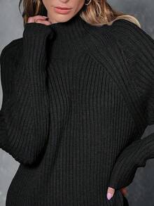 2026 Women's Casual Knit Dress Sweater Dresses For Women  Fall Fashion Mock Neck Long Lantern Sleeve Oversized Outfits Knit Tops Clothes ​ , Bodycon Long Sleeve ​ For Sports Outdoor Wear, Loose Fit Long Sleeve Comfy Daily Outfits For Women - 黑色 - 查看 6