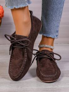 Giày nữ mũi tròn buộc dây đế mềm, chất liệu da lộn màu trơn, nhẹ và thoải mái cho mang hàng ngày và du lịch, thích hợp cho mùa xuân. - màu nâu - Xem 4