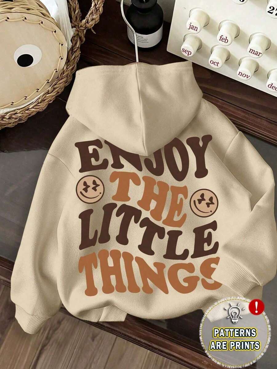 Sudadera con capucha y bolsillo estampado en espalda Enjoy the little things positivo frase Hoodie mujer - Beis letra café - Ver 1