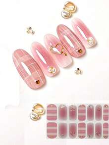 Valentine's Day Pink Heart Shaped Cute Nail Art Stickers, 3D Almond Nail Decals With Faux Diamonds, Adorable Pink Heart Nail Stickers Nails - Baby Pink - View 2