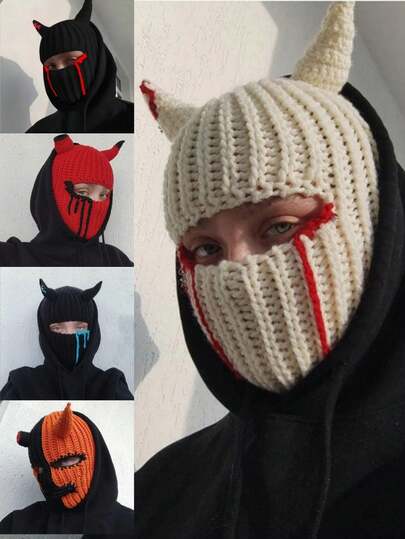Red Knitted Horn Full Face Mask Beanie Hat Fashionable Crochet Knitted Hoodie Hat, Winter Warm Headwear, Unique Cosplay Accessory, Unisex Cold Weather Protection