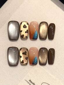 10PCS High-Quality Handmade Leopard Print Blurred Huge Starry Sky Cat Eye Short Pressed Nails Suitable For Women's Daily Wear, Parties, And Gatherings. The Pressed Nails Come With Jelly Glue And Rubbing Strips As A Gift. [ Essential Nails For Autumn And Winter ]