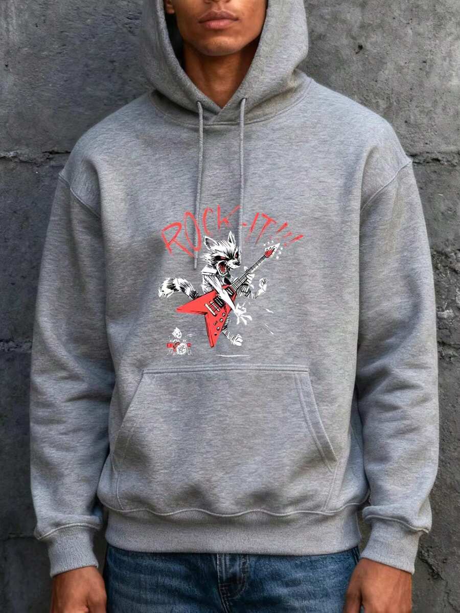 Autumn and winter casual men's hooded sweatshirt, warm and comfortable, with drawstring, daily commuting, sports outings, party outings, multi style prints, design sense, rock music, guitar dog, car, street bombing, color prints, anime - Gris - Ver 1