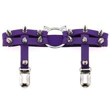 1Pcs Gothic Punk Cat Ear Garter - Handmade Double-Row Studded Leather Thigh Strap, Adjustable Elastic Leg Harness For Street Dance & Alternative Fashion - Purple - View 13