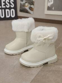 1 Pair Baby Girls Butterfly Decor Side Zipper Slip-On Warm Snow Boots, Comfortable & Lightweight For Everyday Outdoor Wear, Autumn/Winter - Beige - View 1