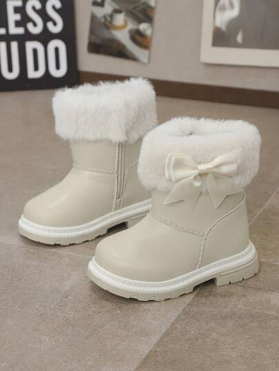 1 Pair Baby Girls Butterfly Decor Side Zipper Slip-On Warm Snow Boots, Comfortable & Lightweight For Everyday Outdoor Wear, Autumn/Winter