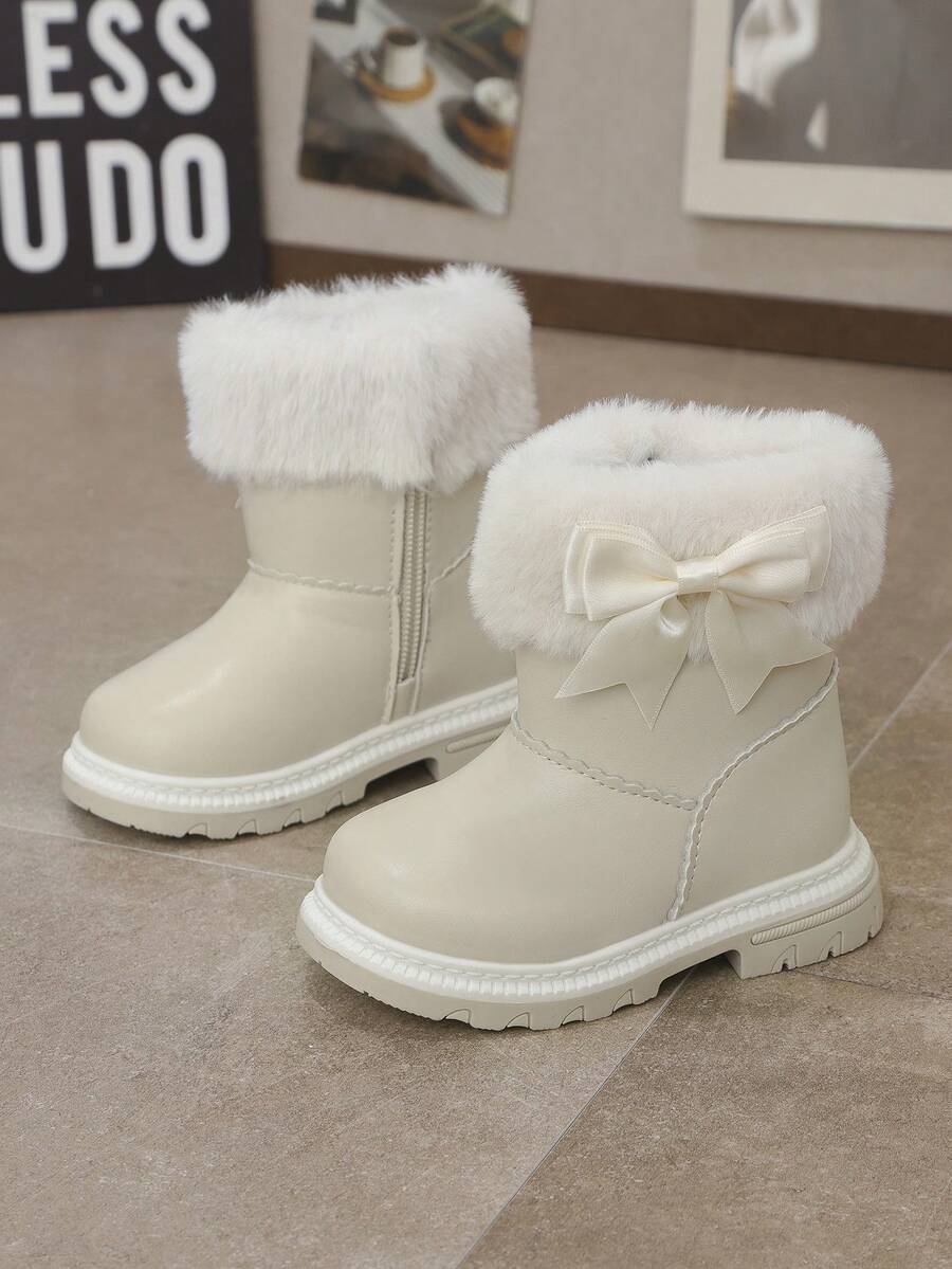 1 Pair Baby Girls Butterfly Decor Side Zipper Slip-On Warm Snow Boots, Comfortable & Lightweight For Everyday Outdoor Wear, Autumn/Winter - Beige - View 1