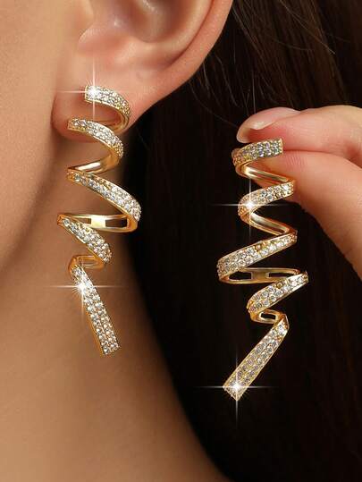 1pair Luxury Spiral Gold Plated Long Cubic Zirconia Dangle Earrings For Women Screm Shape Engagement Wedding Earring For Christmas Gift Banquet, Prom, Party Decorative Jewelry