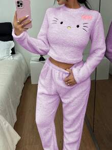 Sanrio 联名款女士舒适双面绒刺绣短款上衣和休闲家居裤两件套 - 紫色 - 查看 3