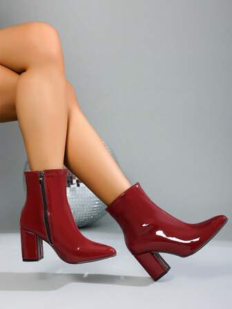 Women's Solid Color Ankle Boots, Glossy Fashion Versatile Side Zipper Design Pointed Toe Chunky Heel Increased Height Classic Soft Bottom Non-Slip Lightweight Outdoor Casual Short Boots