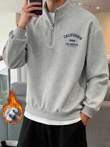 新款男士休闲印花立领保暖套头衫，四分之一拉链设计，适合秋冬季穿着 - 灰色 - 查看 2