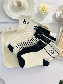 5 Pairs Of Striped Mid Tube Socks With Cute And Funny Cartoon Patterns, Breathable, Moisture Wicking, Unisex, Suitable For All Seasons, Sports, Daily Use - Multicolor - View 3