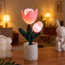 Luz nocturna con forma de tulipán y rosa hecha con bloques de construcción creativos, regalo romántico, lámpara de ambiente, decoración de escritorio, lámpara de mesa DIY - Rosa - Ver 14