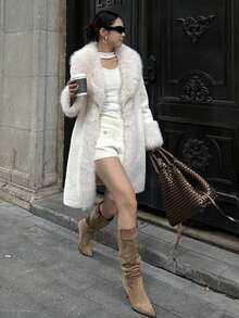 Women's Elegant Knee-Length Faux Fur Coat, Waterfall Collar, Long Warm Outerwear For Autumn/Winter - White - View 8
