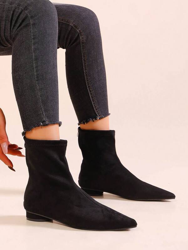1 Pair Solid Color Suede Black Western Style Pointed Toe Brown Ankle Boots, Flat Casual Design, Suitable For Parties, Autumn/Winter