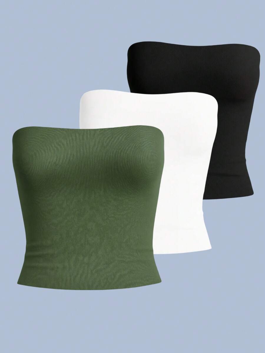 Kit Of 3 Strapless Cropped Tube Tops, Basic Lined Blouses For Women, Premium Blogger Style. - Kit3 Tube Preta Branca Verde Militar - View 1