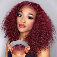 ownvmor 8-16 Inches Kinky Curly Wig Glueless Wig Curly Headband Wigs For Women Human 200% Density Burgundy 99J Deep Wave Blend Human Hair Wigs 13x4 Lace Front Wigs Human Hair Put On And Go Curly Bob Glueless Wigs Natural Color Black Wig Beginner Friendly Wear And Go Headband Deep Curly Wig No Glue Blended Human Hair Wig For Daily Use - 酒紅色 - 查看 9