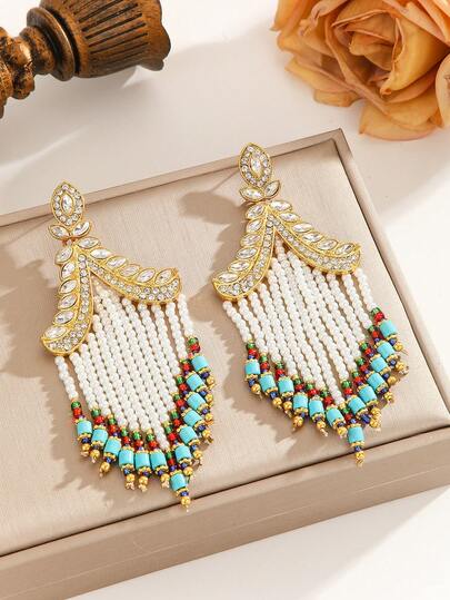 FANYINAN 1 Pair Of Faux Pearl Beaded Tassel Women's Earrings, With Gold And Diamond Inlays And A Contrast Of White And Colored Beads, Exude A Retro And Luxurious Exotic Charm. They Are Suitable For Daily Wedding Banquets