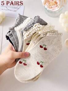 5 Pairs Women's Cute Cherry Pattern Simple Ankle Socks With Ruffle Trim, Fashion Ins Style Comfortable White Socks, Random Color, Suitable For Summer, Autumn And Winter - Multicolor - View 8