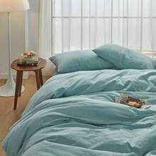 Duvet Covers SetsFACE TWO FACE - Juego de funda de edredón 100 % algodón lavado con textura transpirable duradera suave cómoda King azul polvorientoDuvet Covers Sets - Azulempolvado - Ver 3