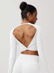 Sodalemon Áo croptop thể thao dài tay nữ màu trắng, kiểu dáng xoắn lưng, có lỗ ngón tay cái, màu sắc mùa xuân. - trắng - Xem 5