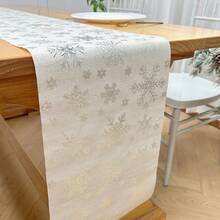 1 pieza Camino de mesa rectangular de 270cm*28cm de algodón con estampado de ciervo y copos de nieve en dorado, decoración navideña y de fiesta