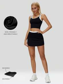 MFVIM Black Camisole & Mini Skirt Sports Set, Women Casual Activewear Outfit, Black & White Contrast Design Slim Fit, Breathable & Comfortable, Energetic, Essential For Outdoor Running, Cycling, Yoga, Pilates, Gym Workout - Black - View 5