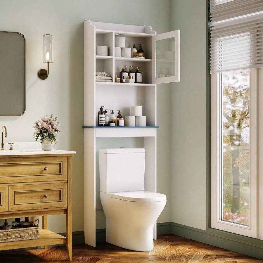 LIZHOUMIL Over The Toilet Storage Cabinet With Adjustable Shelves And Glass Door, Space-Saving Over-Toilet Design, Sturdy Waterproof White Finish Glass Doors - 白色 - 查看 1